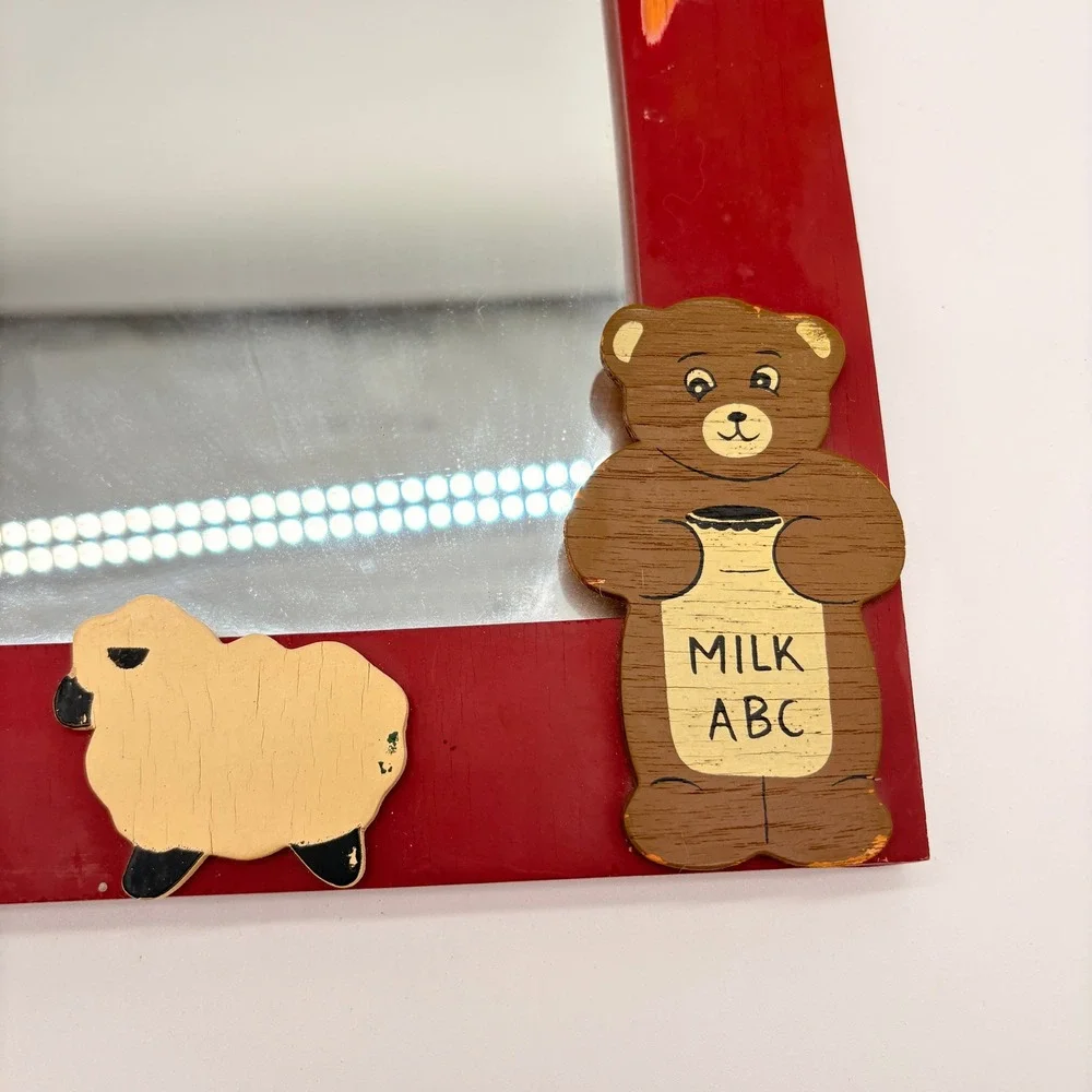 Vintage Red Barn Wood Mirror Farmhouse Nursery Decor Animal Folk Art Wall Mount